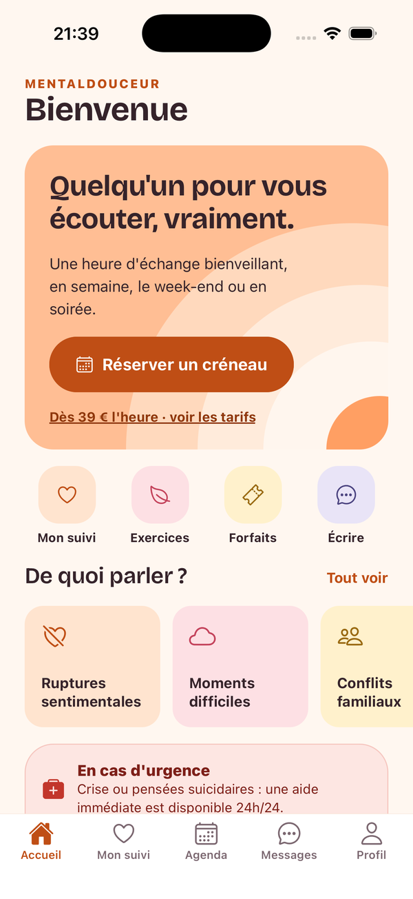 Écran d'accueil de l'application : réserver un créneau, mon suivi, exercices, forfaits, messages